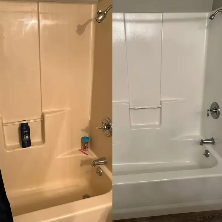 Tub and shower surround before and after resurfacing — dated almond finish restored to bright white